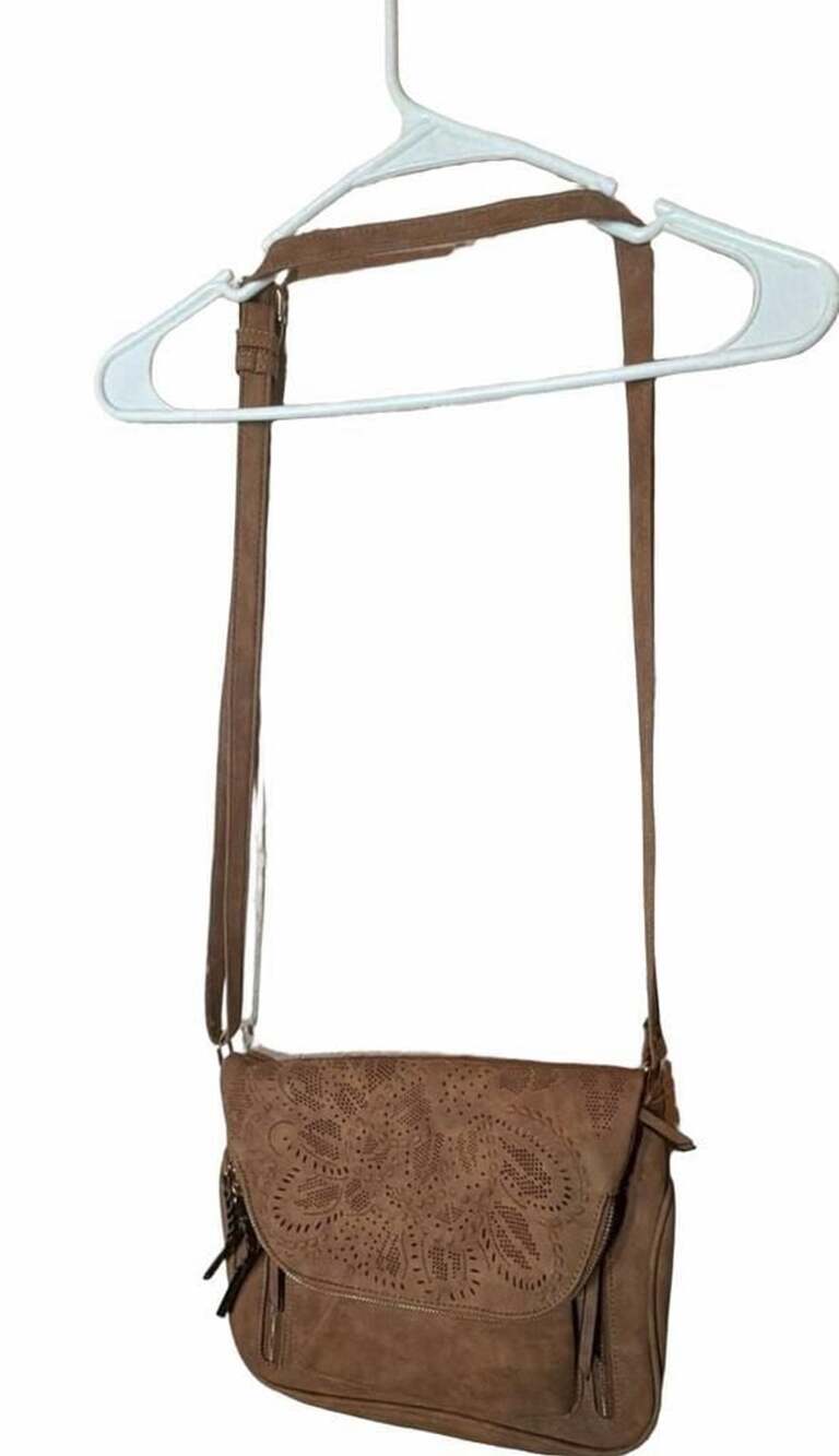 Violet Ray Perforated Crossbody Purse Cognac Brown